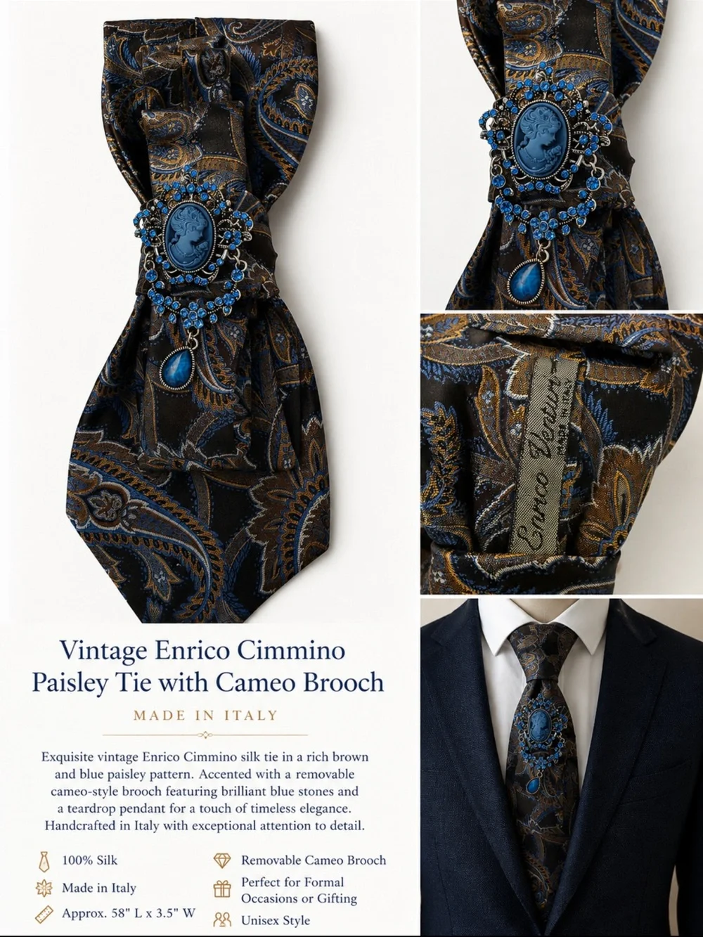 Vintage-Inspired Blue Cameo Tie Pin on Paisley Necktie